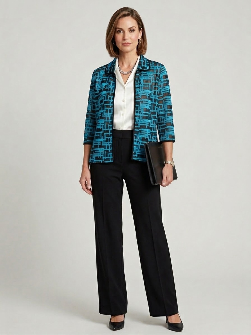 Ming Wang Teal & Black Patterned Three-Quarter Sleeve Jacket